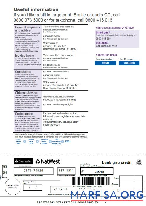 Downloadable United Kingdom Npower utility bill template in Word and PDF formats, 3 pages, 3rd page